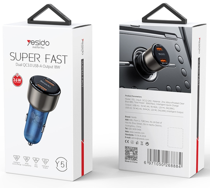 Auto punjač YESIDO Y51 36W Fast Charge sa 2 izlaza crni