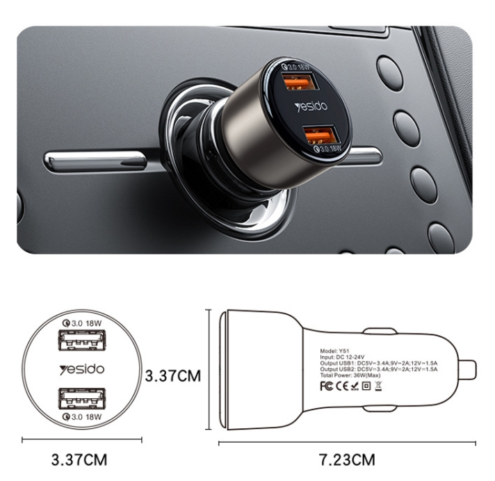 Auto punjač YESIDO Y51 36W Fast Charge sa 2 izlaza crni