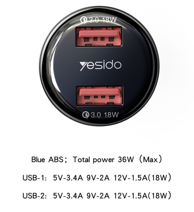 Auto punjač YESIDO Y51 36W Fast Charge sa 2 izlaza crni