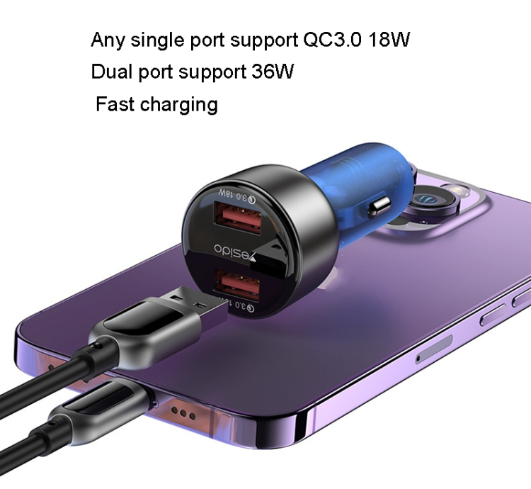 Auto punjač YESIDO Y51 36W Fast Charge sa 2 izlaza crni