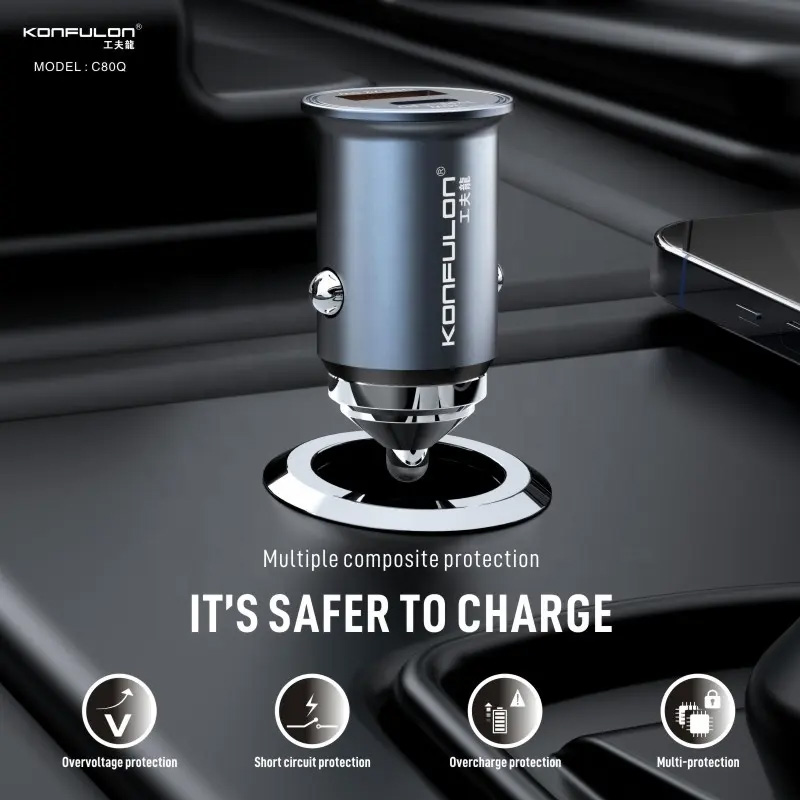Auto punjač KONFULON C80Q USB-A 22.5W + USB-C PD 30W crni