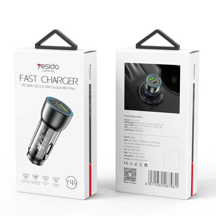 Auto punjač YESIDO Y49 30W Fast Charge providni