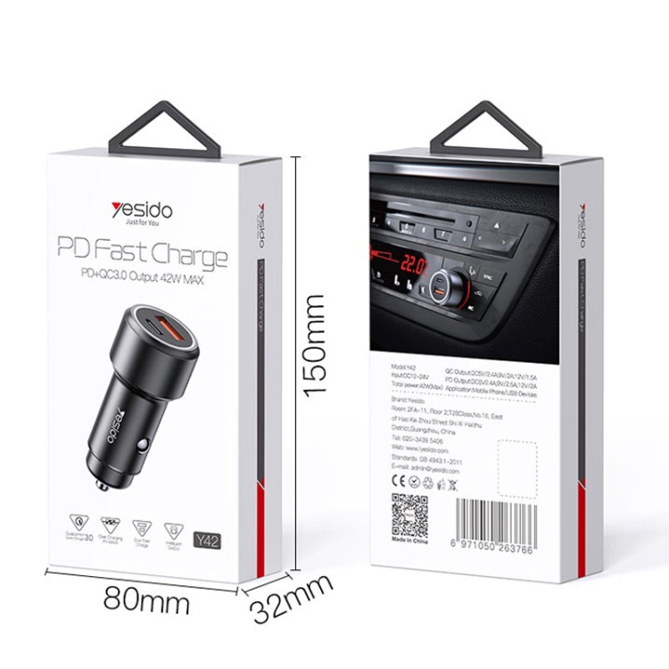 Auto punjač YESIDO Y42 PD 42W QC 3.0 Fast Charge crni