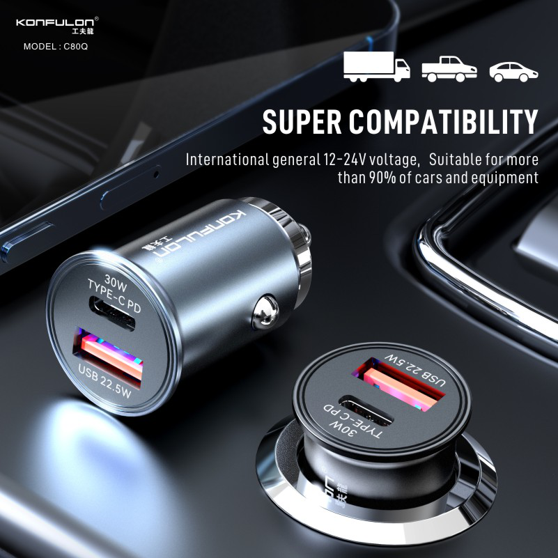 Auto punjač KONFULON C80Q USB-A 22.5W + USB-C PD 30W crni