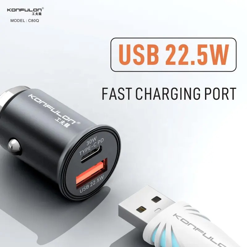 Auto punjač KONFULON C80Q USB-A 22.5W + USB-C PD 30W crni