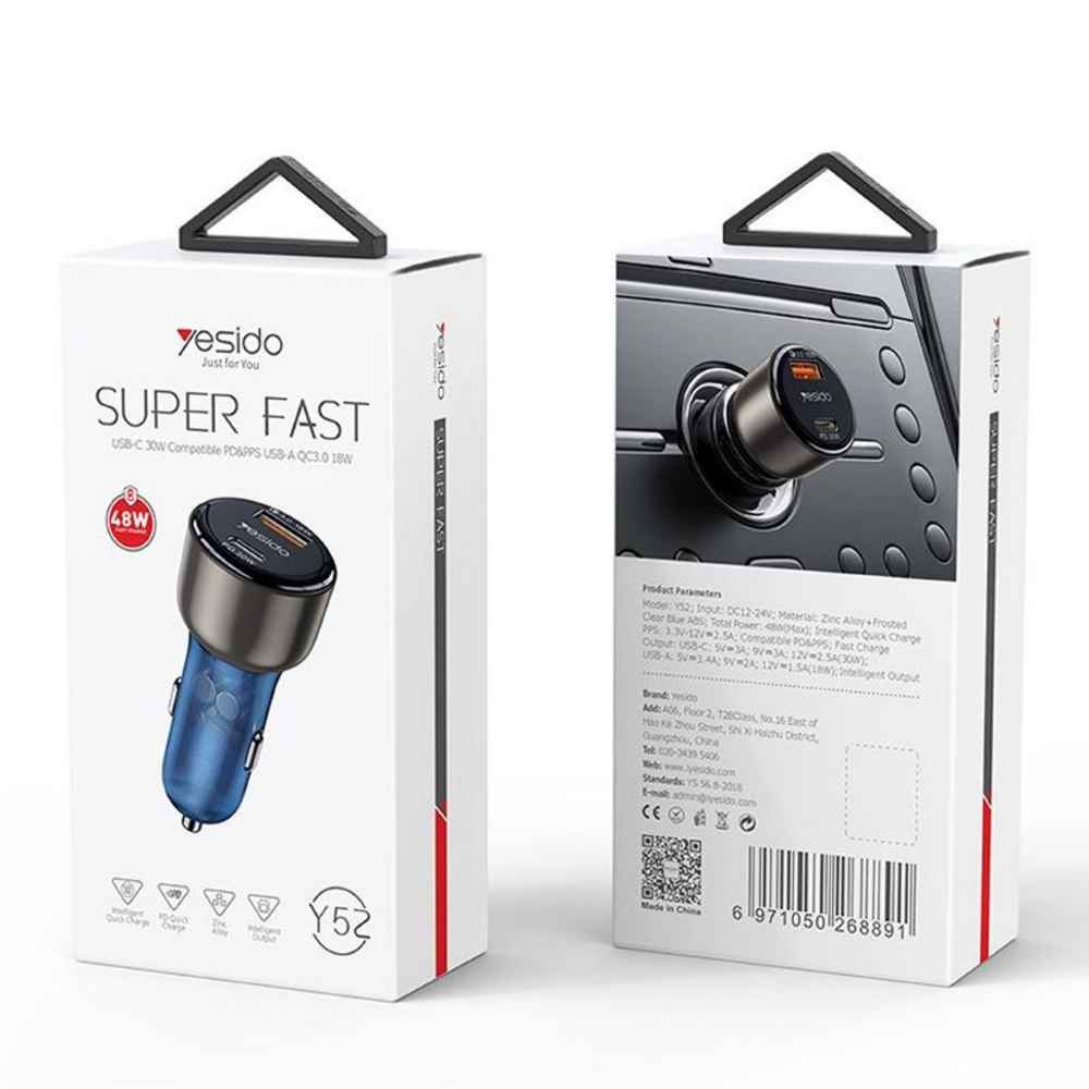 Auto punjač YESIDO Y52 48W Fast Charge sa 2 izlaza crni